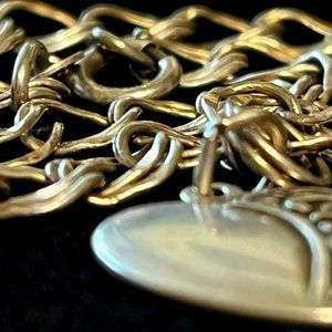 Sterling Silver Double Link Chain Bracelet with Etched Heart Charm